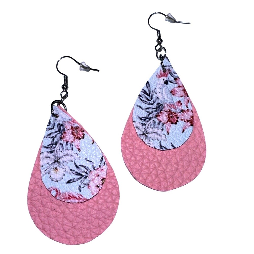 Teardrop Earrings Pink Floral Pattern Layered‎ Faux Leather Dangle Handmade